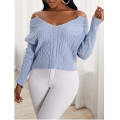 Lovely Stylish Dew Shoulder Baby Blue Sweater