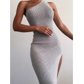 Lovely Trendy One Shoulder Side High Slit Grey Ank