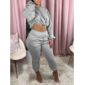 lovely Casual O Neck Drawstring Grey Two Piece Pan