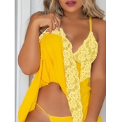 lovely Sexy Lace Patchwork Yellow Babydolls