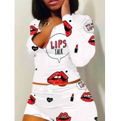 LW Stylish Lip Print White Two Piece Shorts Set