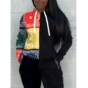 Lovely Casual Hooded Collar Print Patchwork Black 