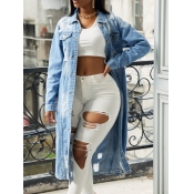 LW Trendy Turndown Collar Broken Holes Blue Denim 