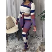 Lovely Sportswear Striped Lace-up Purple Two Piece