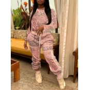 LW Casual O Neck Print Pink Two Piece Pants Set