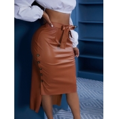 Lovely Trendy Buttons Design Brown Skirt