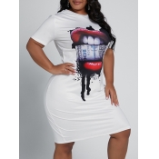 Lovely Casual O Neck Print White Knee Length Plus 