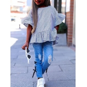 Lovely Casual O Neck Striped Broken Holes Navy Blu