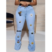 Lovely Casual Print Baby Blue Plus Size Jeans