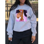 Lovely Casual O Neck Print Grey Hoodie