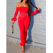 Lovely Stylish Dew Shoulder Skinny Red One-piece J