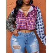 Lovely Stylish Turndown Collar Grid Print Patchwor