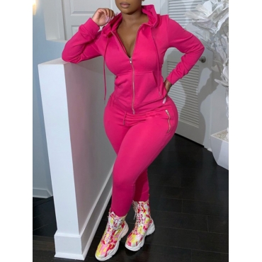 

LW Plus Size Hooded Collar Zipper Design Tracksuit Set, Rose red