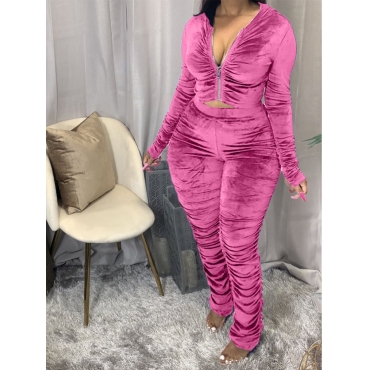 

LW Plus Size Hooded Collar Fold Design Pants Set, Pink