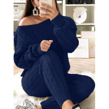 

LW Casual O Neck Striped Blue Two Piece Pants Set