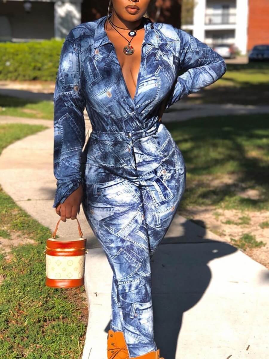 

Lovely Street Turndown Collar Print Skinny Blue One-piece Jumpsuit