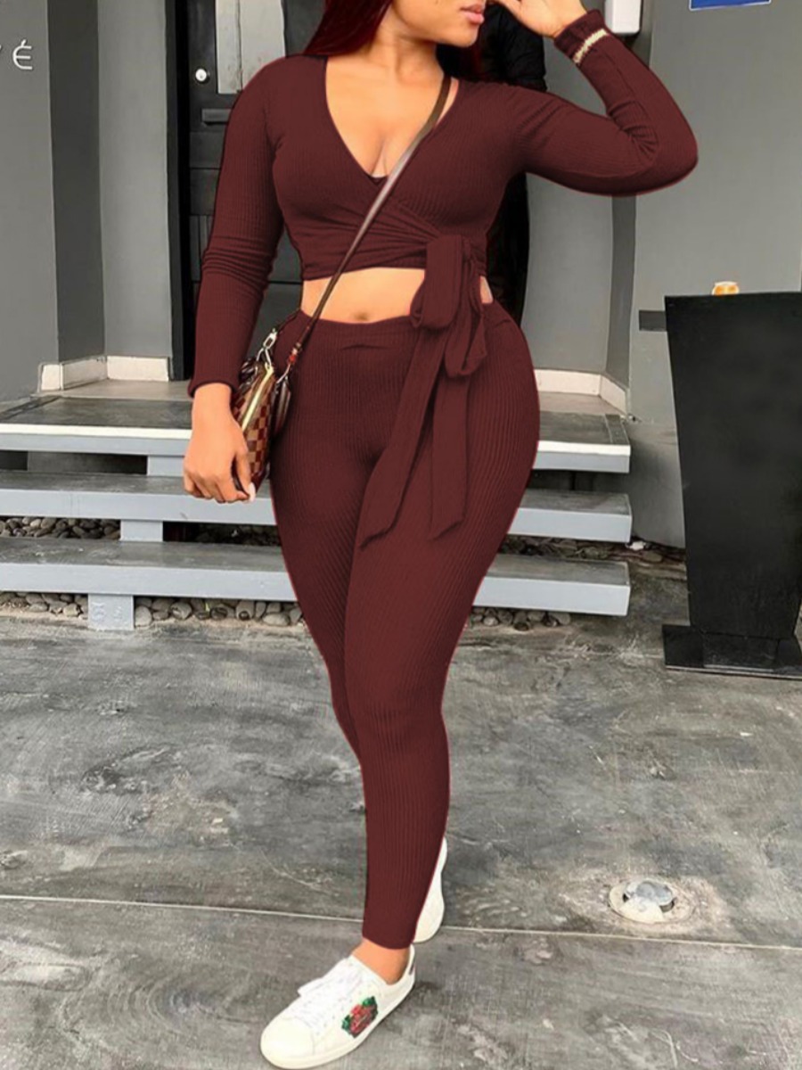 

Lovely Stylish V Neck Lace-up Coffee Two Piece Pants Set