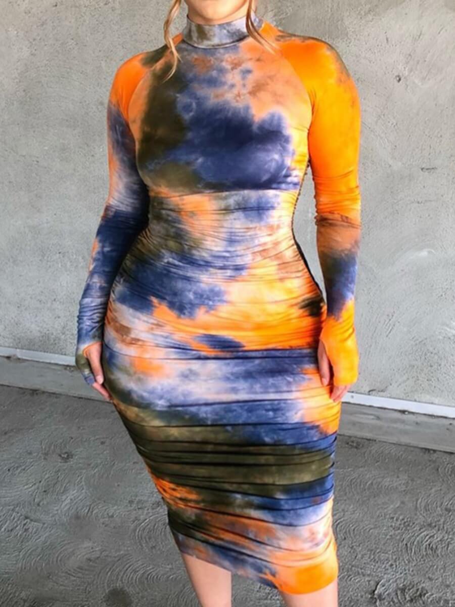 

Lovely Stylish Turtleneck Tie-dye Orange Mid Calf Plus Size Dress
