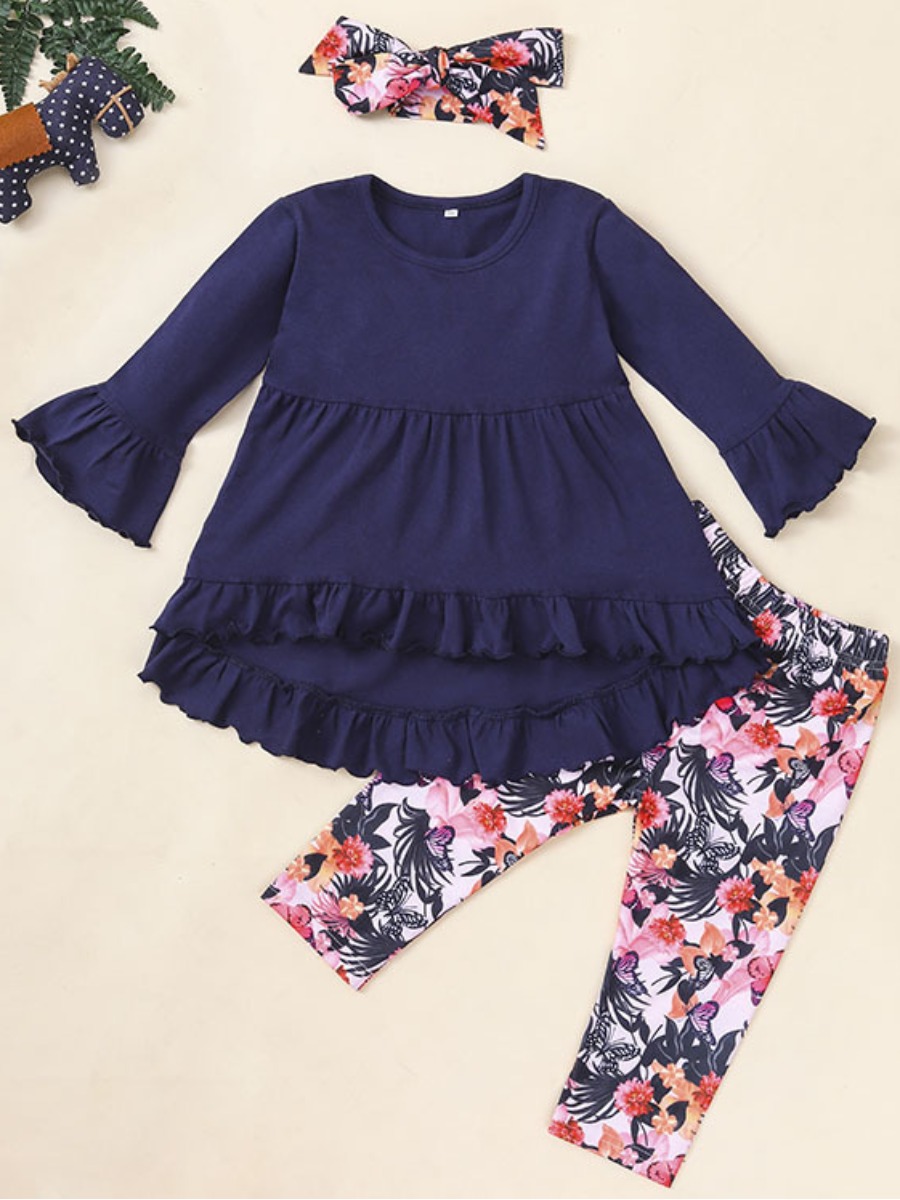 

lovely Sweet O Neck Floral Print Fold Design Navy Blue Girl Two-piece Pants Set