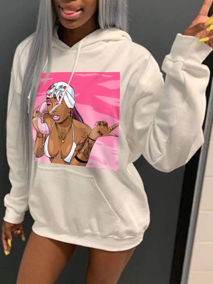 

Lovely Casual Hooded Collar Print White Hoodie