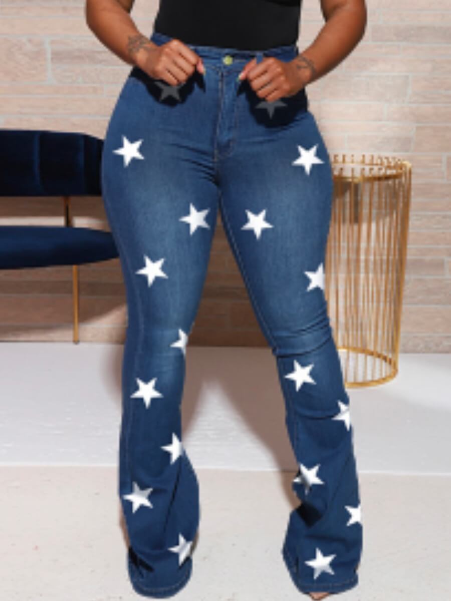 

Lovely Casual Pentagram Print Blue Jeans