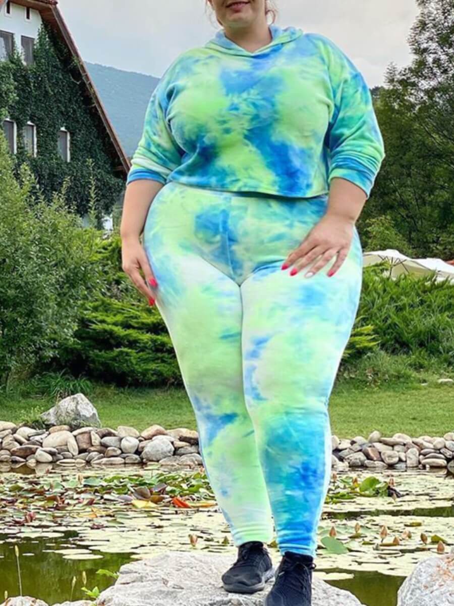

Lovely Stylish Hooded Collar Tie-dye Green Plus Size Two-piece Pants Set