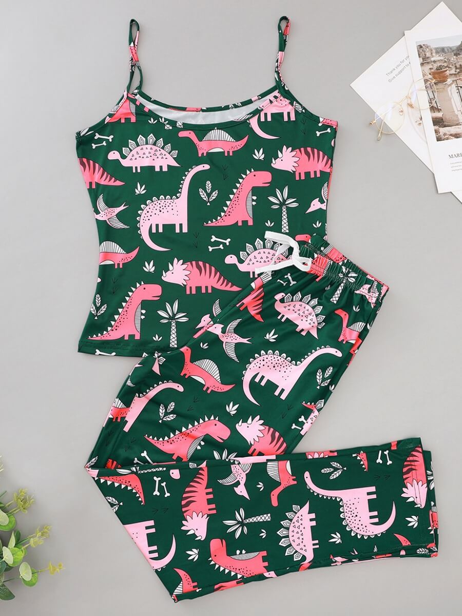 

Lovely Sweet Spaghetti Strap Cartoon Print Green Sleepwear