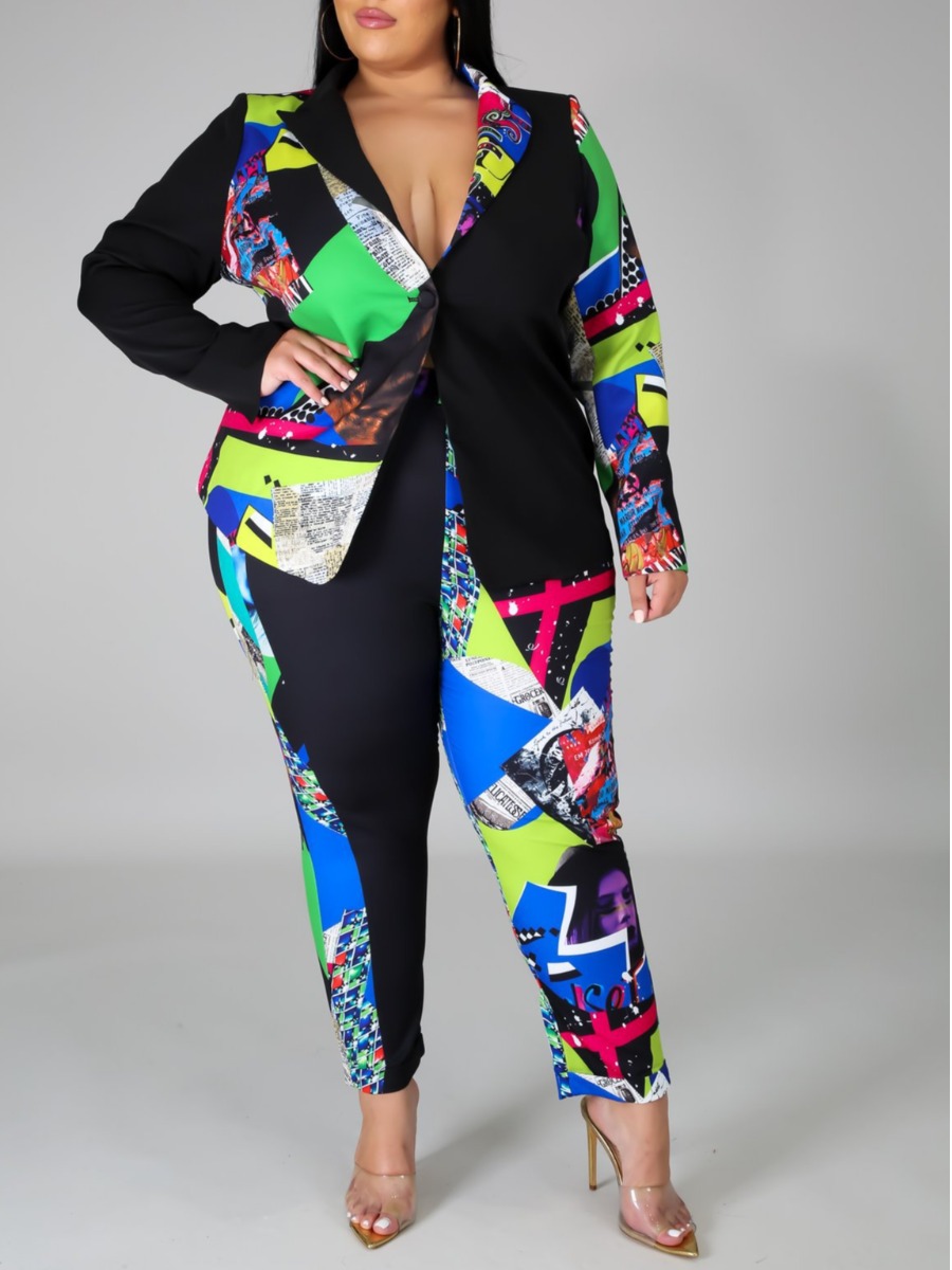 

Lovely Stylish Print Patchwork Black Plus Size Two-piece Pants Set