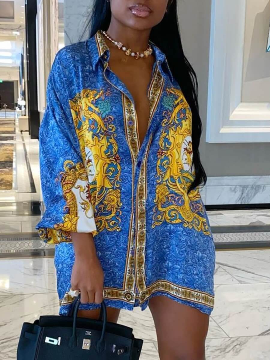 

LW Turndown Collar Baroque Print Dress, Blue