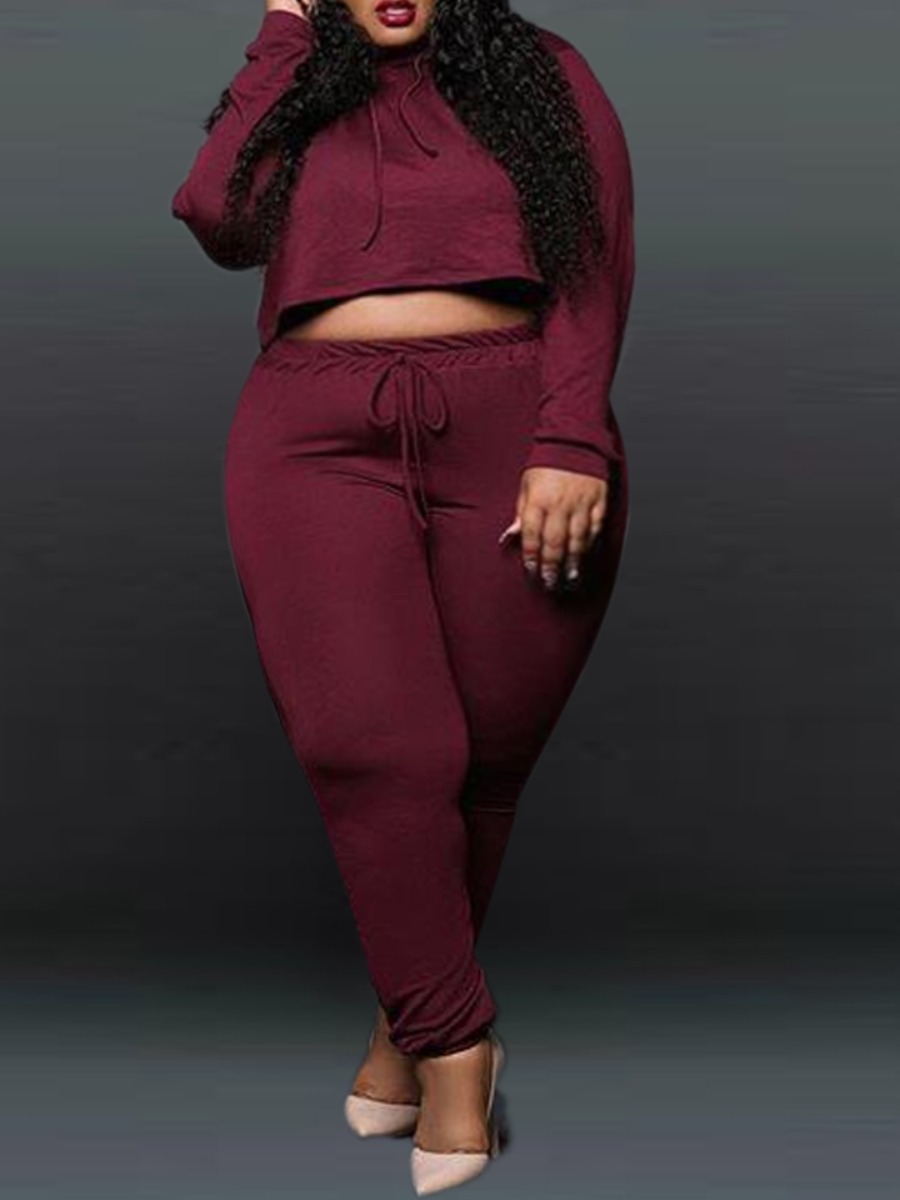 

Lovely Casual Hooded Collar Lace-up Wine Red Plus Size Two-piece Pants Set