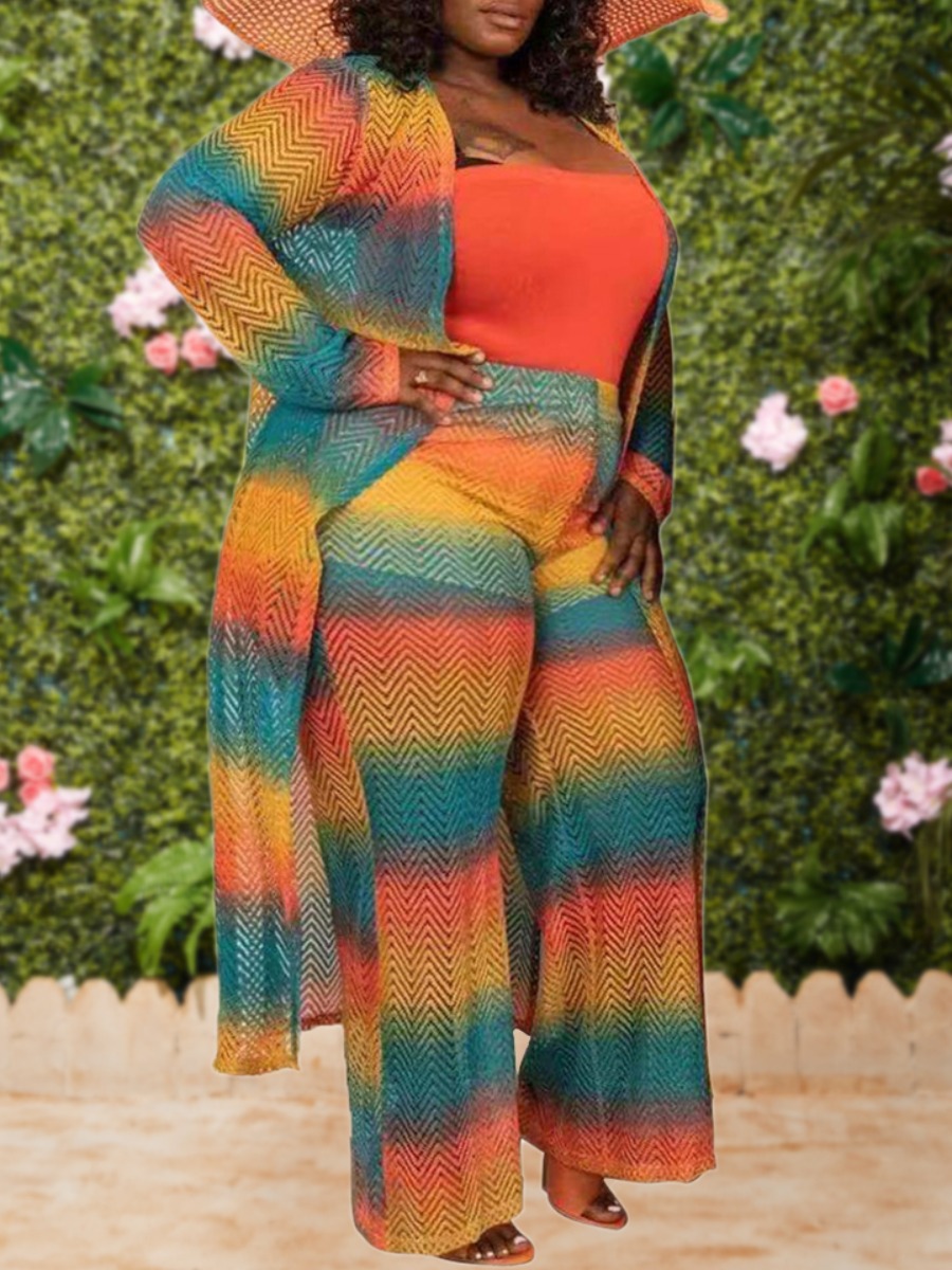 

Lovely Stylish Rainbow Striped Multicolor Plus Size Two-piece Pants Set, Multi