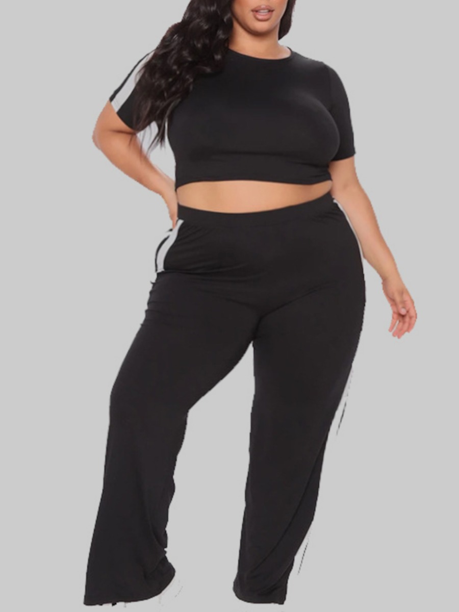 

Lovely Sportswear O Neck Patchwork Black Plus Size Two-piece Pants Set