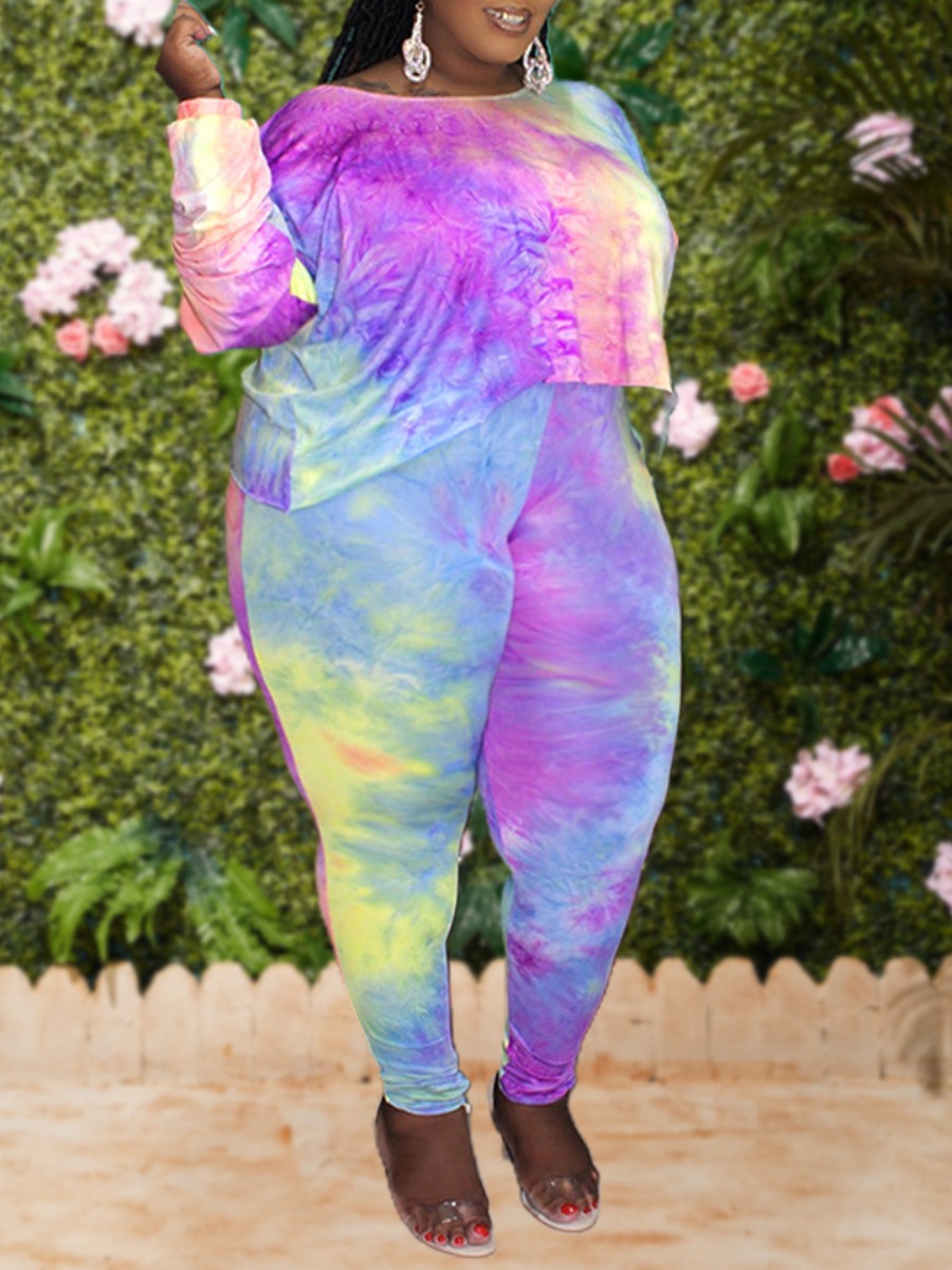 

Lovely Stylish O Neck Tie-dye Asymmetrical Purple Plus Size Two-piece Pants Set