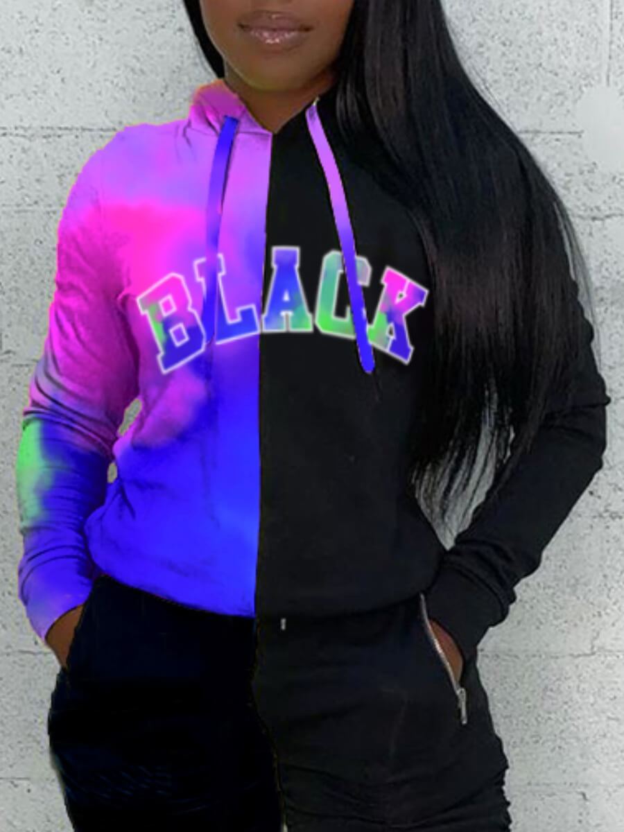 

LW Letter Print Tie-dye Hoodie, Purple