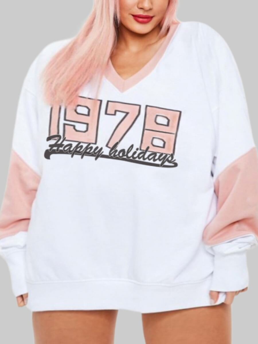 

Lovely Casual V Neck Letter Print Patchwork White Plus Size Hoodie