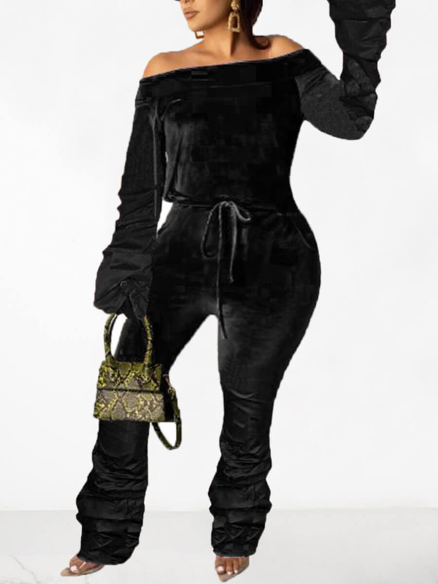 

Lovely Stylish Dew Shoulder Lace-up Black One-piece Jumpsuit