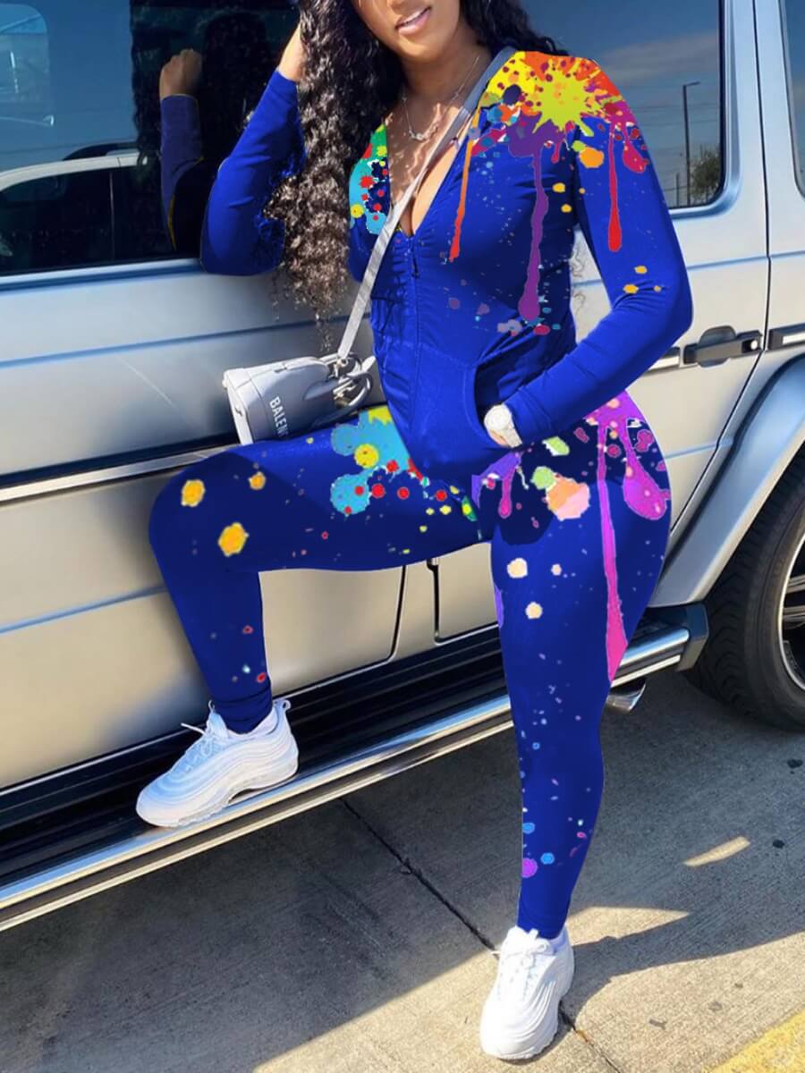 

LW Casual Graffiti Print Zipper Design Blue Two Piece Pants Set