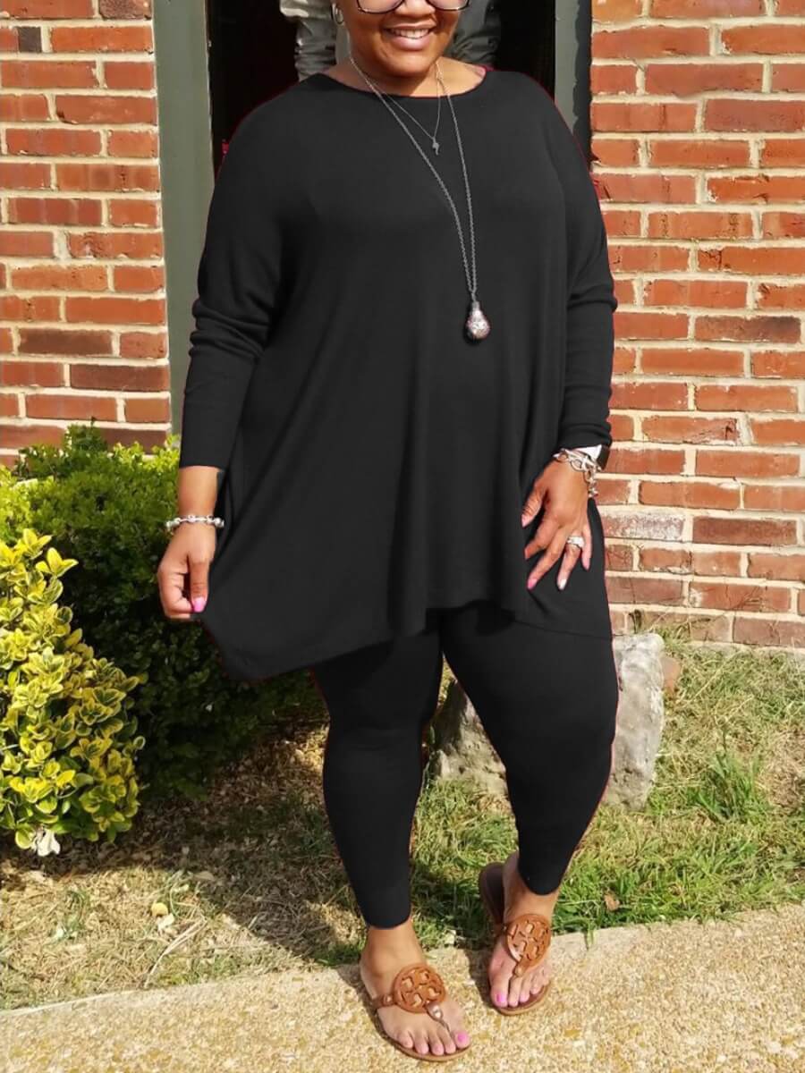 

LW Plus Size O Neck Asymmetrical Pants Set, Black