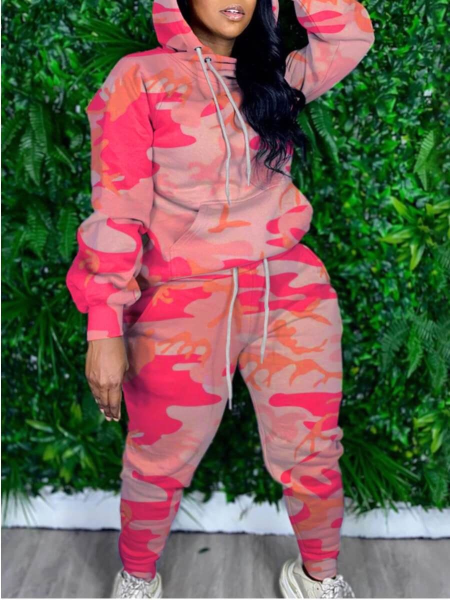 

Lovely Stylish Hooded Collar Camo Print Pink Plus Size Two-piece Pants Set