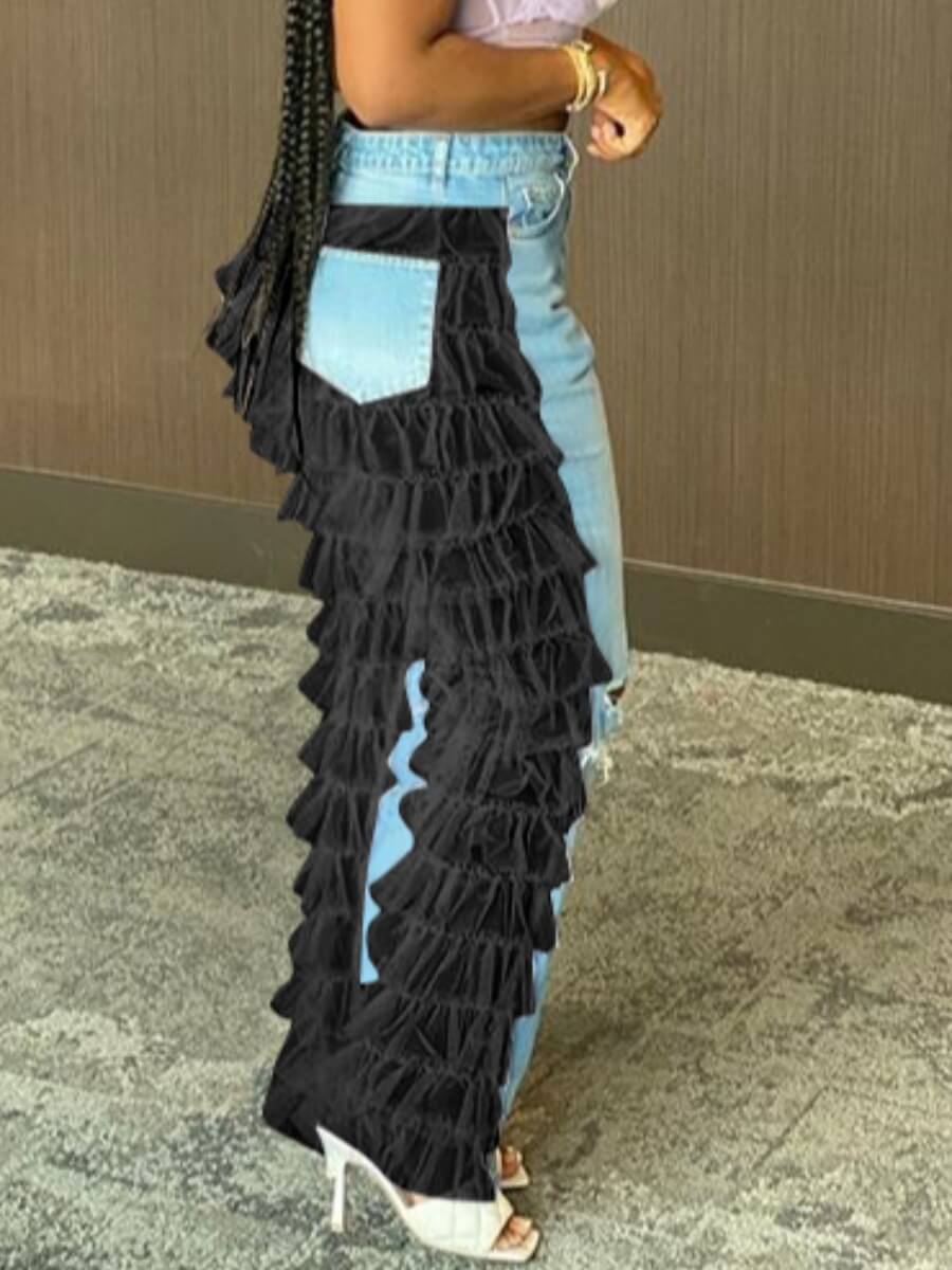 

Lovely Stylish Patchwork Layered Cascading Ruffle Black Jeans