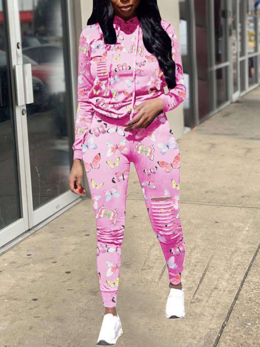 

lovely Casual Hooded Collar Butterfly Print Pink Loungewear