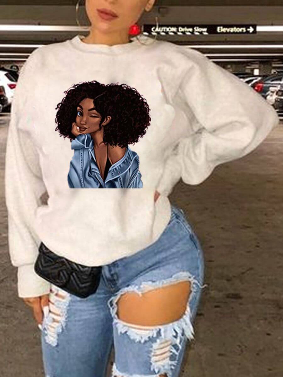 

Lovely Leisure O Neck Print White Hoodie