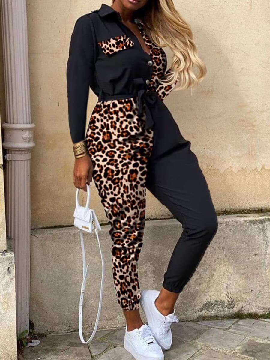 

lovely Trendy Turndown Collar Leopard Print Patchwork Black One-piece Jumpsuit