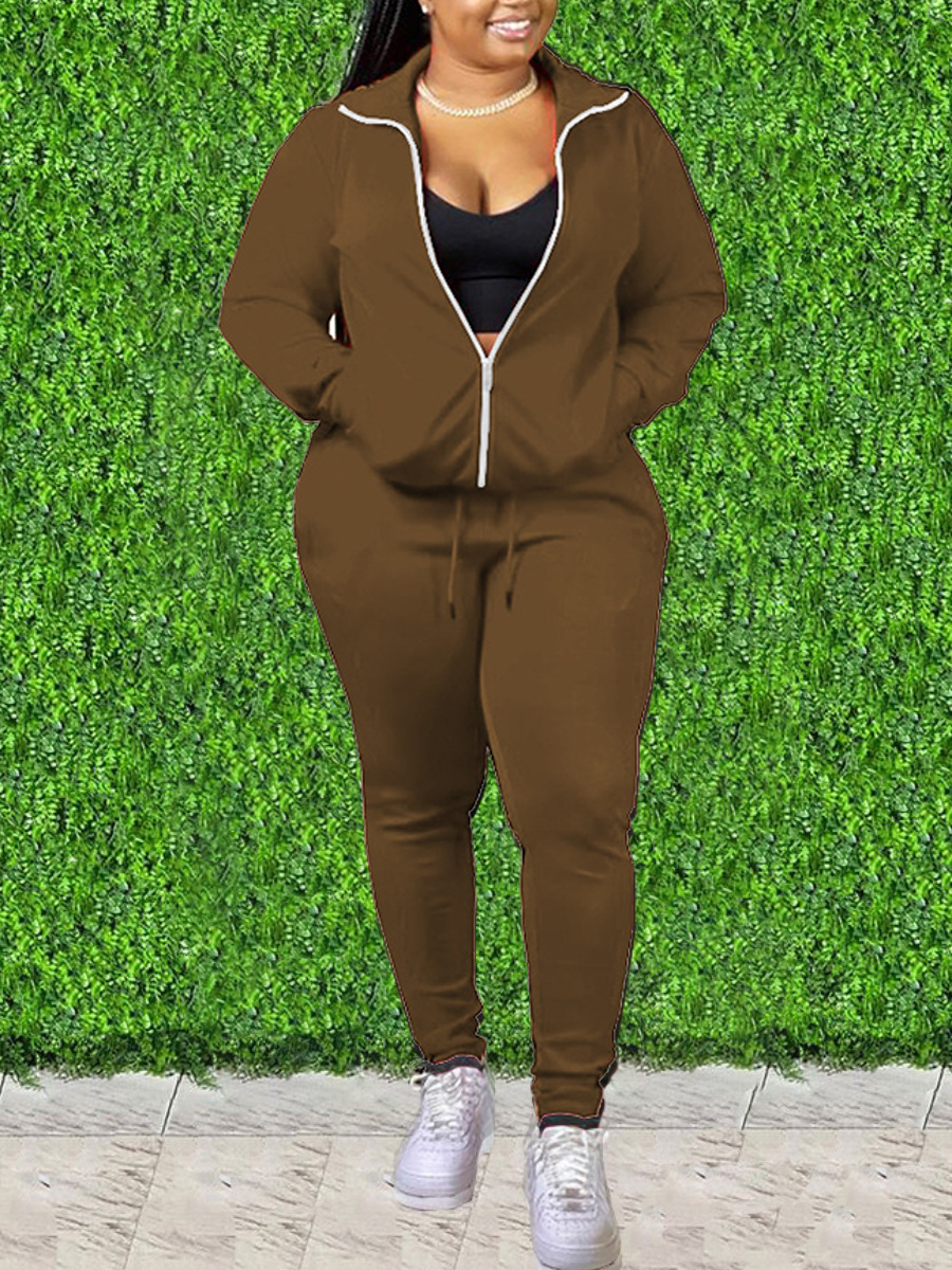 

lovely Casual Turndown Collar Zipper Design Coffee Two Piece Pants Set