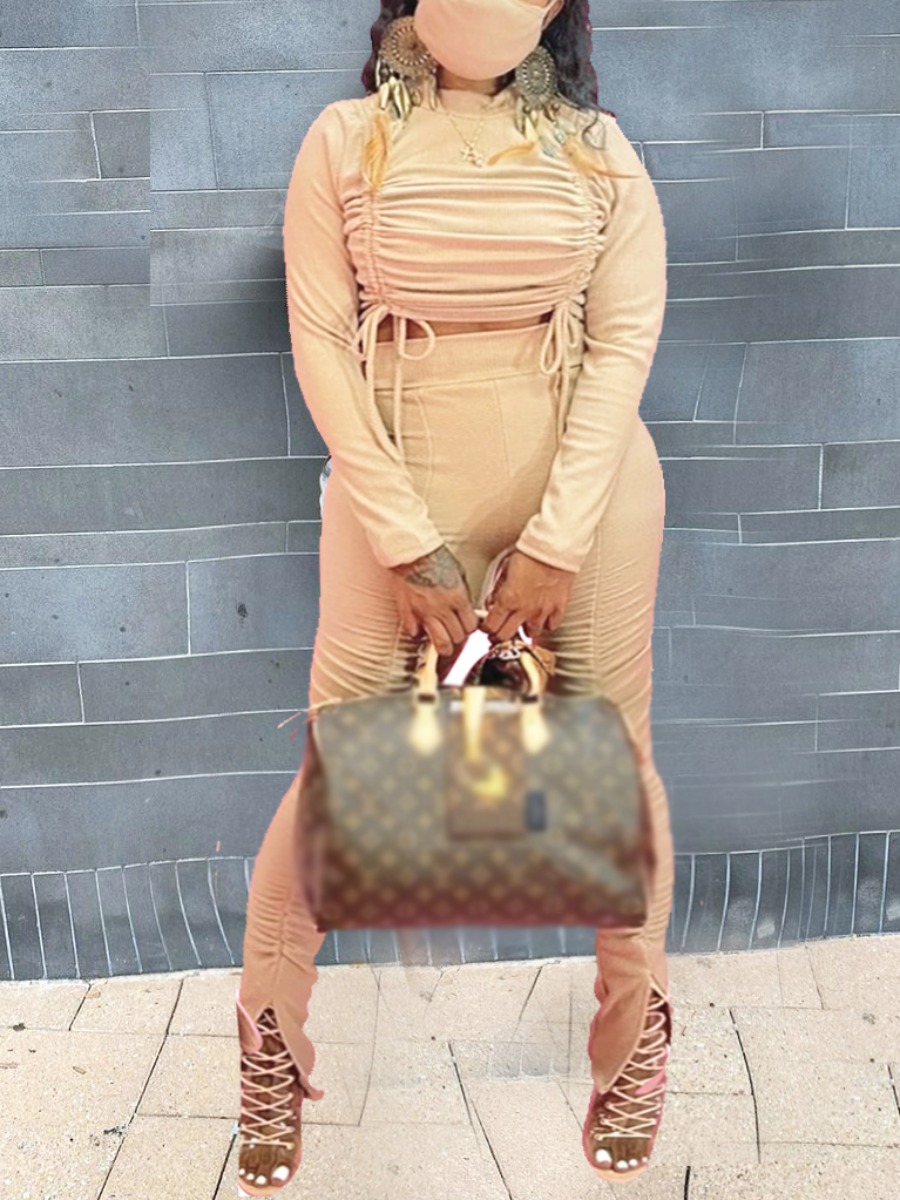 

Lovely Trendy O Neck Drawstring Khaki Two Piece Pants Set