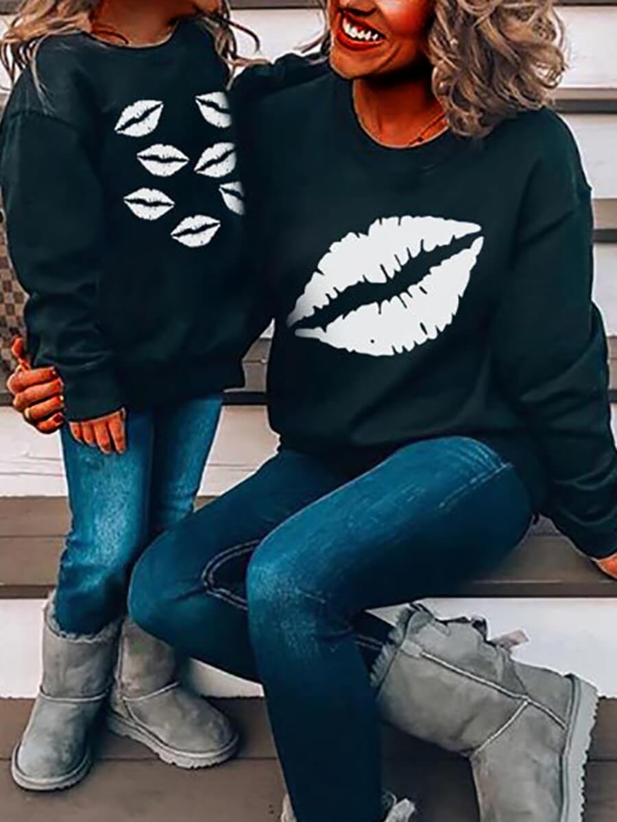 

Lovely Family O Neck Lip Print Black Girl Hoodie, Girls