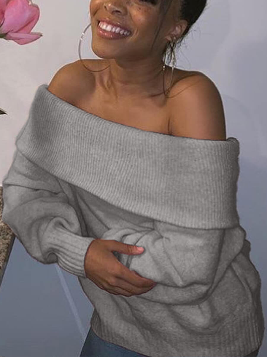 

Lovely Casual Dew Shoulder Loose Grey Sweater