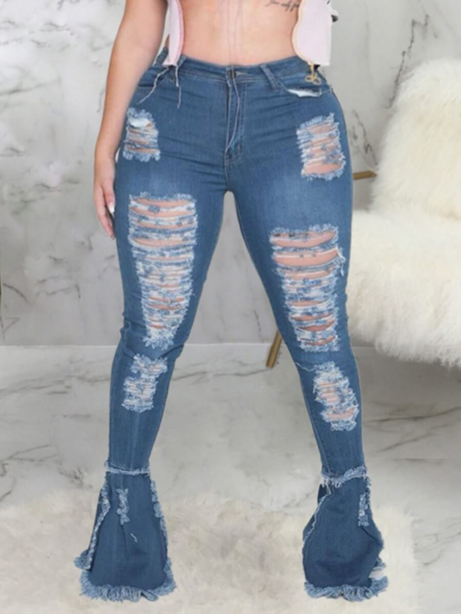 

Lovely Street Broken Holes Deep Blue Plus Size Jeans