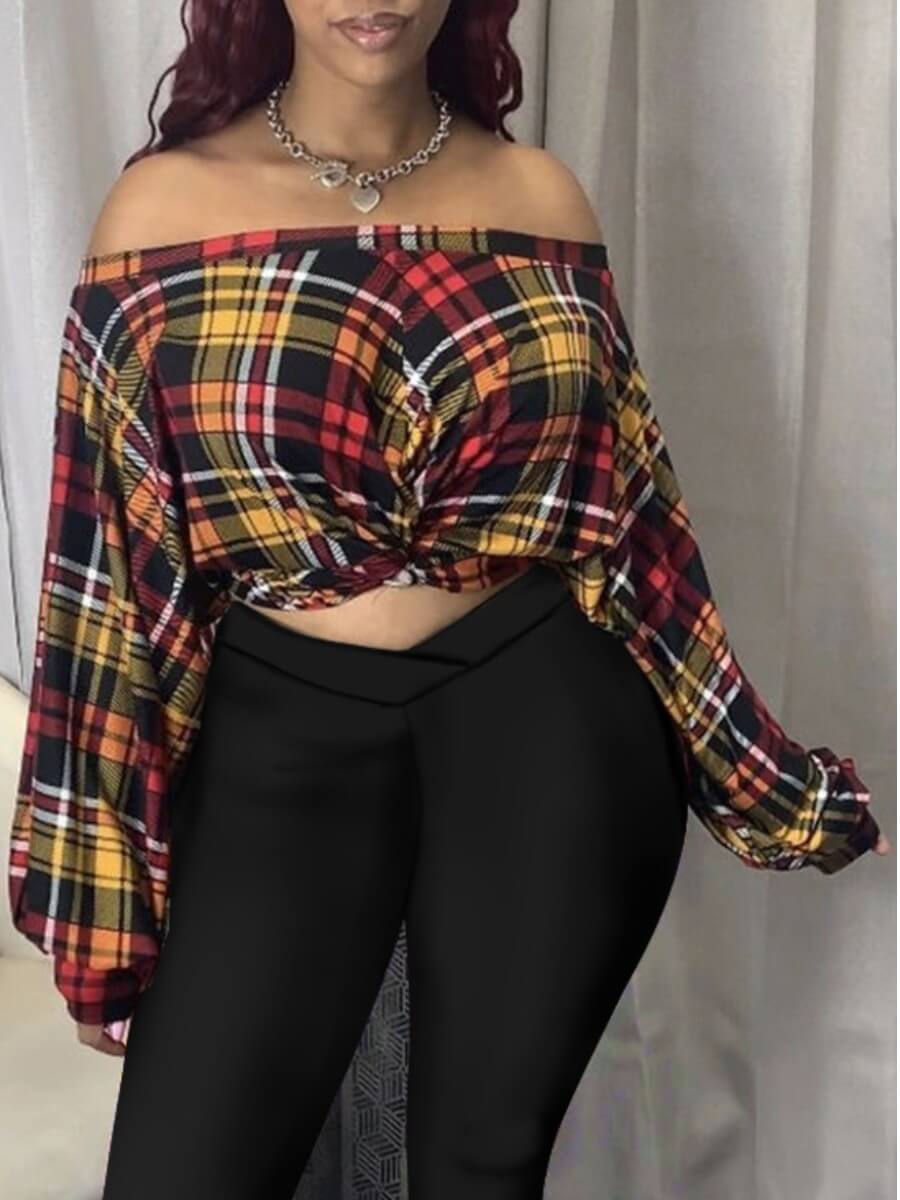 

Lovely Trendy Dew Shoulder Grid Print Red Hoodie