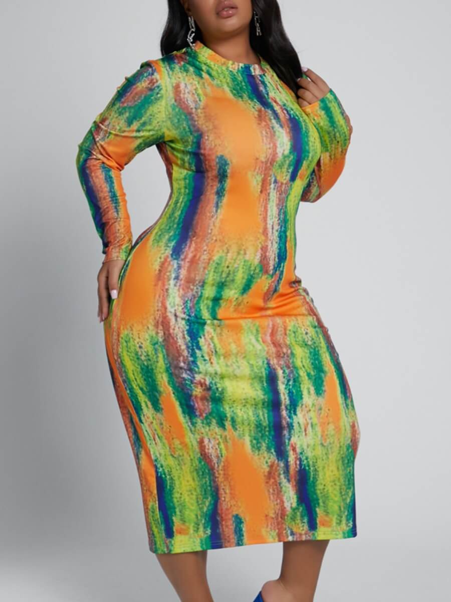 

Lovely Stylish O Neck Tie-dye Green Mini Plus Size Dress